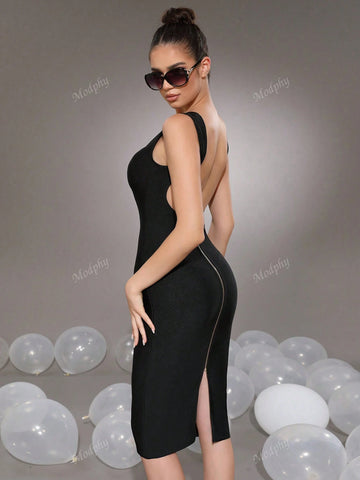 Modphy Women's Sexy Sleeveless U-Neck Backless Zipper Fitted Bandage Mid-Length Cocktail Dress