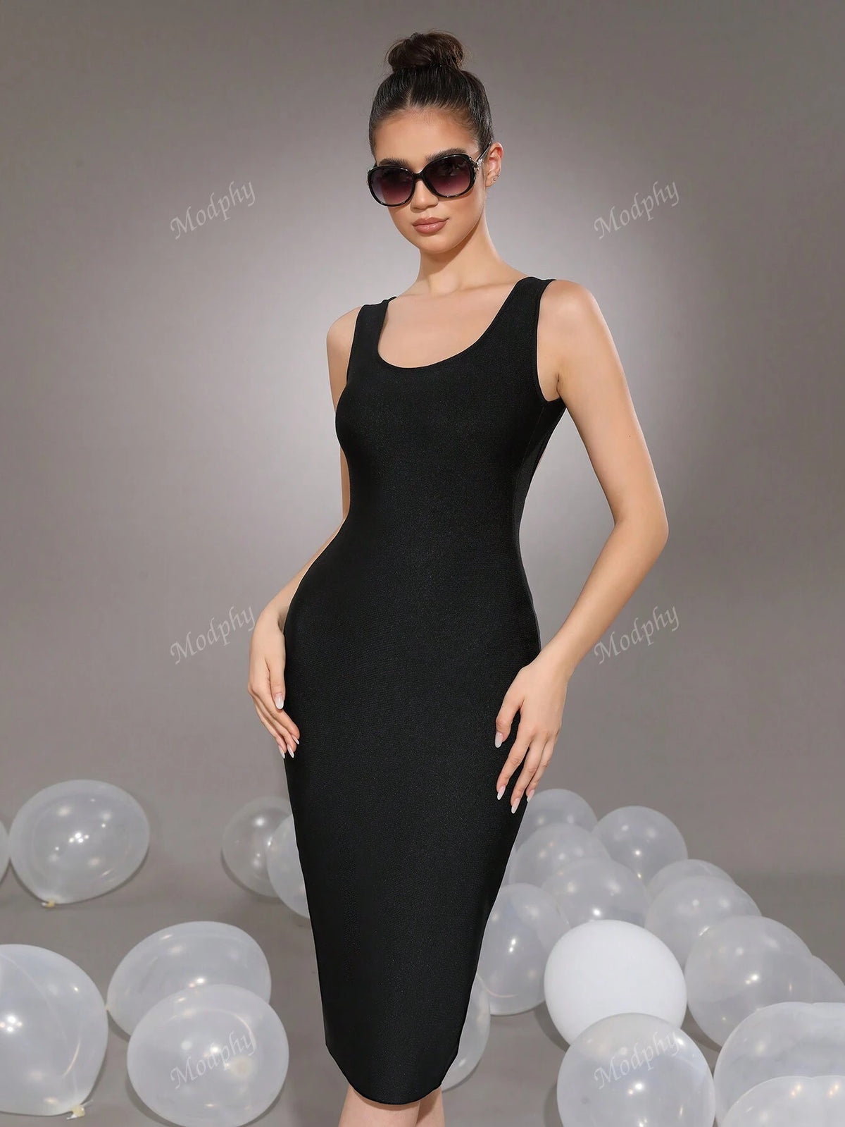 Modphy Women's Sexy Sleeveless U-Neck Backless Zipper Fitted Bandage Mid-Length Cocktail Dress