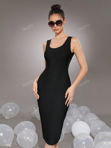 Modphy Women's Sexy Sleeveless U-Neck Backless Zipper Fitted Bandage Mid-Length Cocktail Dress