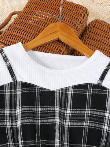 Mom-Daughter Fashion Ribbed Knit Patchwork Camisole Sleeveless Houndstooth Print Dress