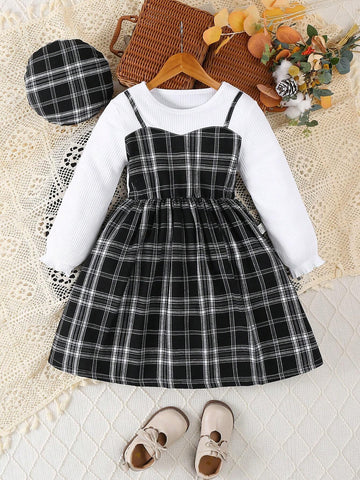 Mom-Daughter Fashion Ribbed Knit Patchwork Camisole Sleeveless Houndstooth Print Dress