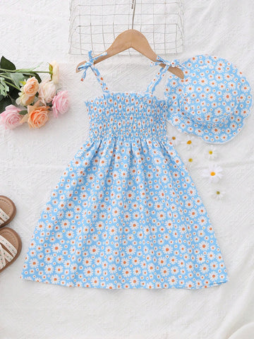 MommBaby Mommbabay Summer Girls Bowknot Strap Dress, Young Girl Cute Sleeveless Small Daisy Fashion Casual Dress With Hat