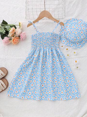 MommBaby Mommbabay Summer Girls Bowknot Strap Dress, Young Girl Cute Sleeveless Small Daisy Fashion Casual Dress With Hat