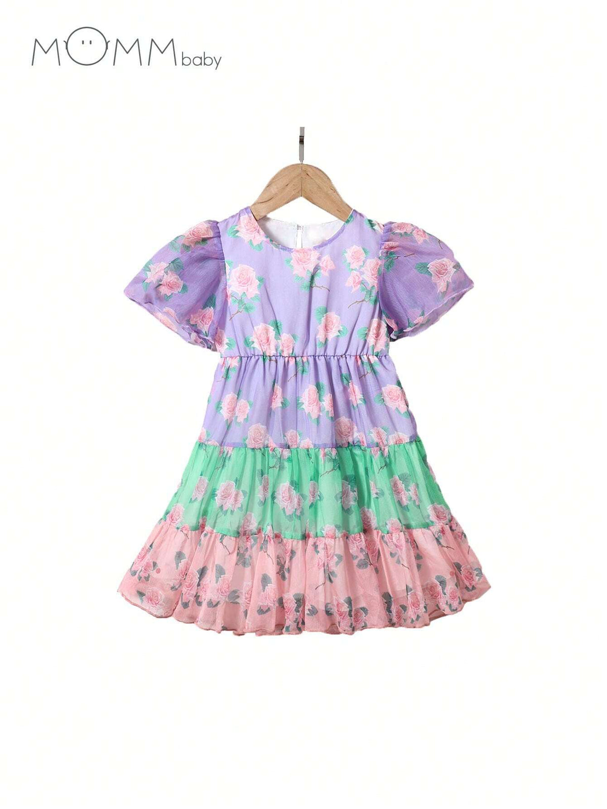 Mommbaby Young Girl Flower Printed Multicolor Patchwork Dress For Summer
