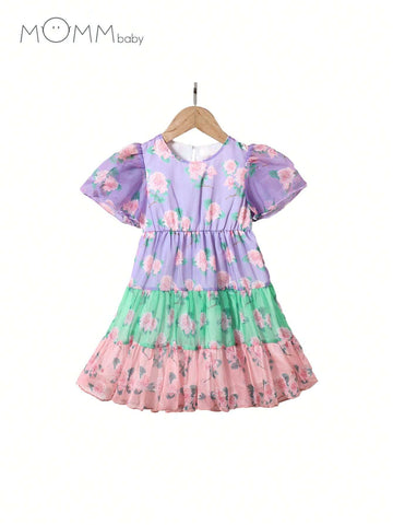 Mommbaby Young Girl Flower Printed Multicolor Patchwork Dress For Summer