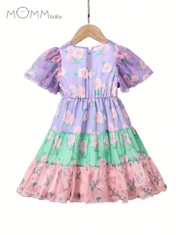 Mommbaby Young Girl Flower Printed Multicolor Patchwork Dress For Summer