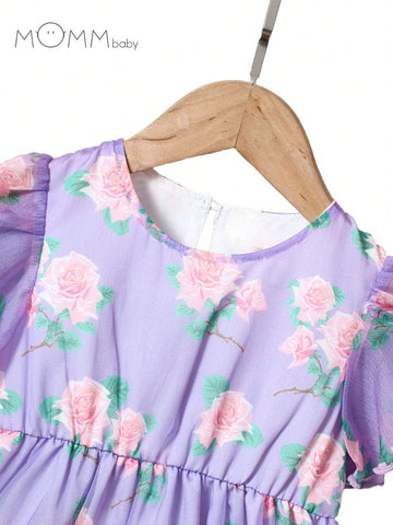 Mommbaby Young Girl Flower Printed Multicolor Patchwork Dress For Summer