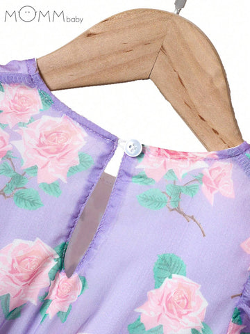 Mommbaby Young Girl Flower Printed Multicolor Patchwork Dress For Summer