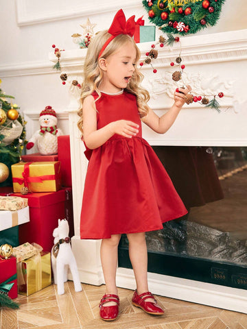 Mommy And Me,Young Girl Woven Red Color Round Neck Sleeveless Bowknot Party Dress, Fancy Christmas Party Dress For Little Girls, Winter New Arrival