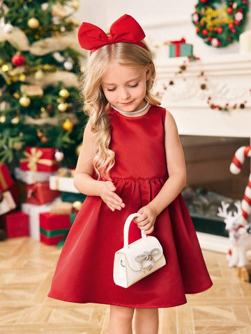 Mommy And Me,Young Girl Woven Red Color Round Neck Sleeveless Bowknot Party Dress, Fancy Christmas Party Dress For Little Girls, Winter New Arrival
