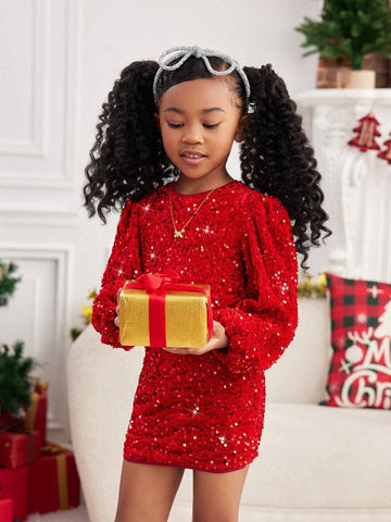 Mommy And Me Clothes,Young Girl Velvet Sequin Embroidery Woven Round Neck Puff Sleeve Fitted Elegant Dress