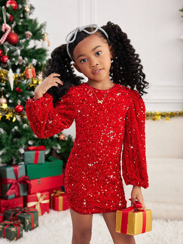 Mommy And Me Clothes,Young Girl Velvet Sequin Embroidery Woven Round Neck Puff Sleeve Fitted Elegant Dress