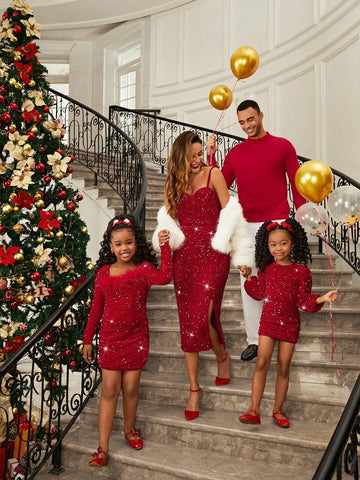 Mommy And Me Clothes,Young Girl Velvet Sequin Embroidery Woven Round Neck Puff Sleeve Fitted Elegant Dress