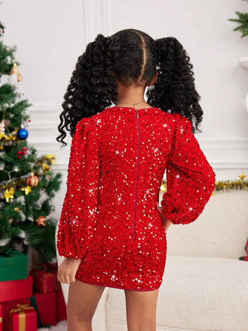 Mommy And Me Clothes,Young Girl Velvet Sequin Embroidery Woven Round Neck Puff Sleeve Fitted Elegant Dress
