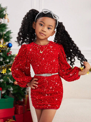 Mommy And Me Clothes,Young Girl Velvet Sequin Embroidery Woven Round Neck Puff Sleeve Fitted Elegant Dress