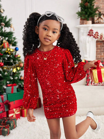 Mommy And Me Clothes,Young Girl Velvet Sequin Embroidery Woven Round Neck Puff Sleeve Fitted Elegant Dress