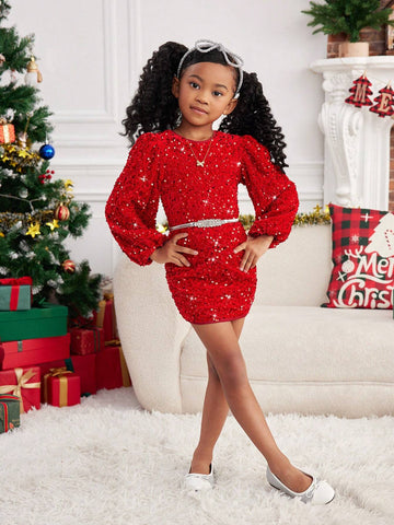 Mommy And Me Clothes,Young Girl Velvet Sequin Embroidery Woven Round Neck Puff Sleeve Fitted Elegant Dress