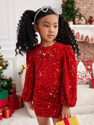 Mommy And Me Clothes,Young Girl Velvet Sequin Embroidery Woven Round Neck Puff Sleeve Fitted Elegant Dress