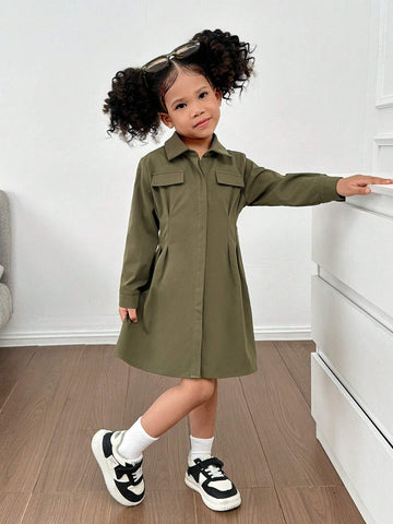 Mommy And Me Clothes ,1pc Young Girl Woven Solid Color Long Sleeve Collared Fitted Casual Dress,Suitable For Autumn/Winter