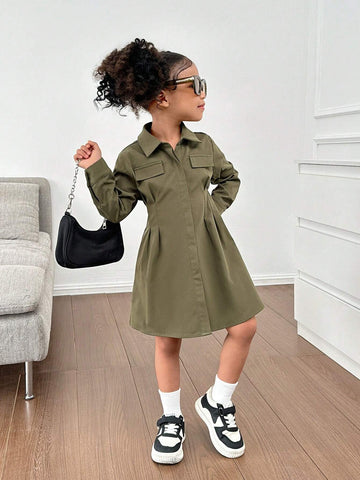 Mommy And Me Clothes ,1pc Young Girl Woven Solid Color Long Sleeve Collared Fitted Casual Dress,Suitable For Autumn/Winter