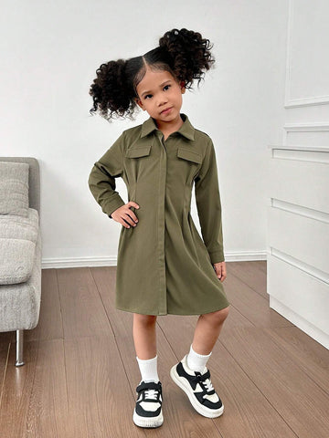 Mommy And Me Clothes ,1pc Young Girl Woven Solid Color Long Sleeve Collared Fitted Casual Dress,Suitable For Autumn/Winter