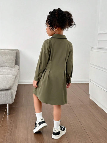 Mommy And Me Clothes ,1pc Young Girl Woven Solid Color Long Sleeve Collared Fitted Casual Dress,Suitable For Autumn/Winter