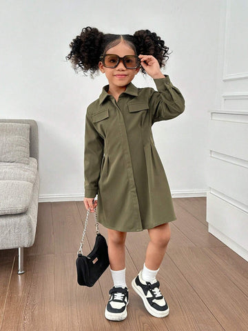 Mommy And Me Clothes ,1pc Young Girl Woven Solid Color Long Sleeve Collared Fitted Casual Dress,Suitable For Autumn/Winter