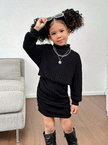 Mommy And Me Clothes ,Young Girl Black Fitted Stand Collar Casual Knit Dress,Girls Winter Clothes,Girls Fall Clothes