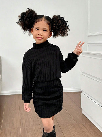 Mommy And Me Clothes ,Young Girl Black Fitted Stand Collar Casual Knit Dress,Girls Winter Clothes,Girls Fall Clothes