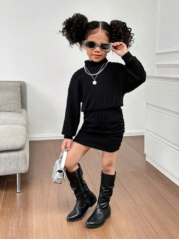 Mommy And Me Clothes ,Young Girl Black Fitted Stand Collar Casual Knit Dress,Girls Winter Clothes,Girls Fall Clothes