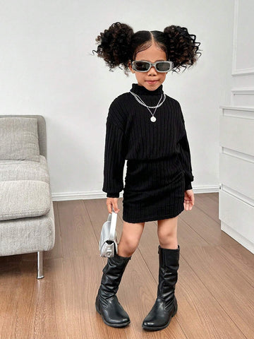 Mommy And Me Clothes ,Young Girl Black Fitted Stand Collar Casual Knit Dress,Girls Winter Clothes,Girls Fall Clothes