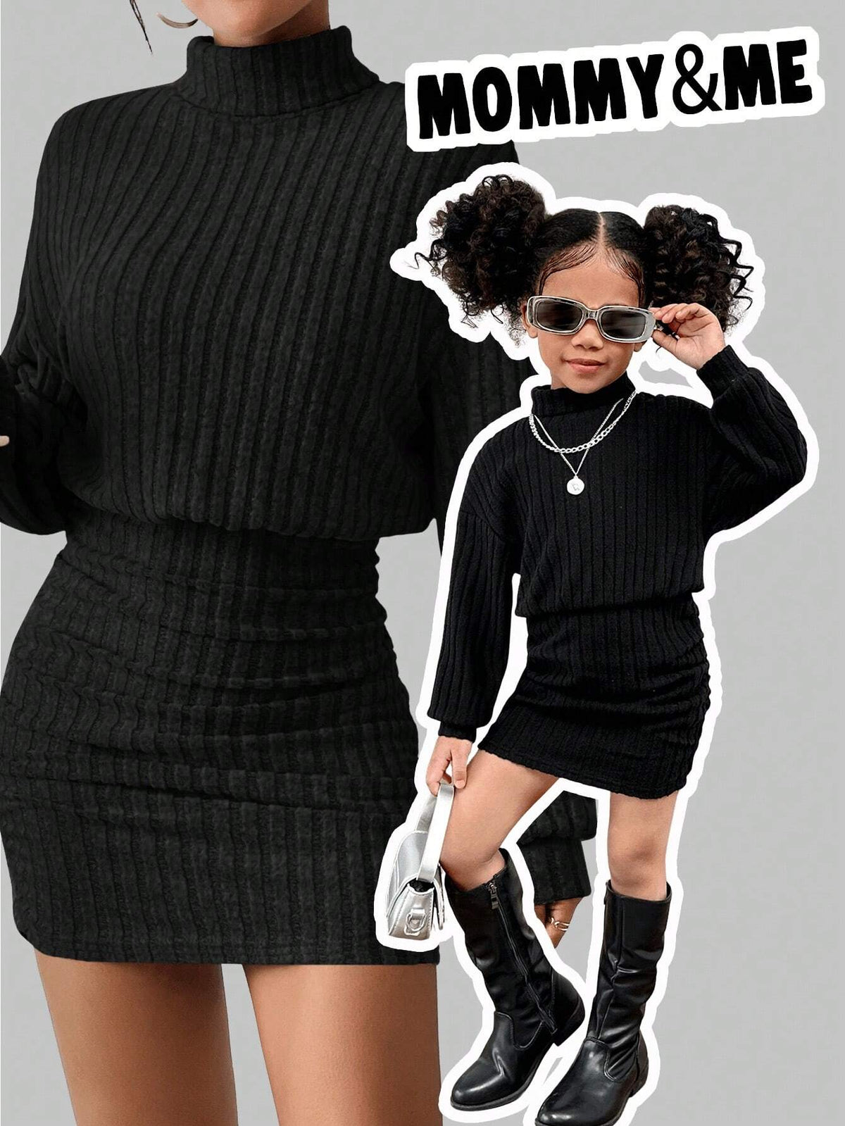 Mommy And Me Clothes ,Young Girl Black Fitted Stand Collar Casual Knit Dress,Girls Winter Clothes,Girls Fall Clothes