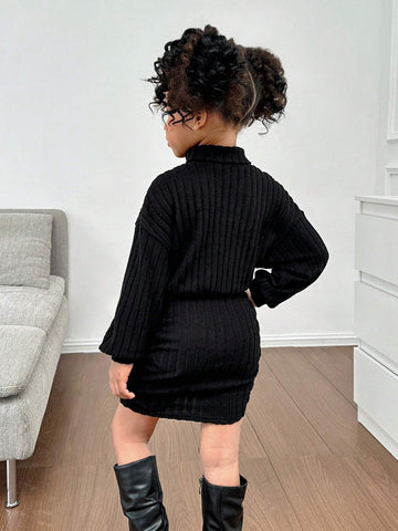 Mommy And Me Clothes ,Young Girl Black Fitted Stand Collar Casual Knit Dress,Girls Winter Clothes,Girls Fall Clothes