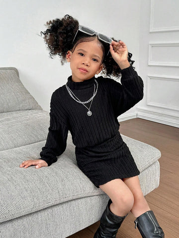Mommy And Me Clothes ,Young Girl Black Fitted Stand Collar Casual Knit Dress,Girls Winter Clothes,Girls Fall Clothes