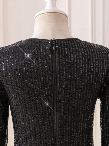 Mommy And Me Elegant Black Dress With Sequins, Elegant Long Sleeve Dress