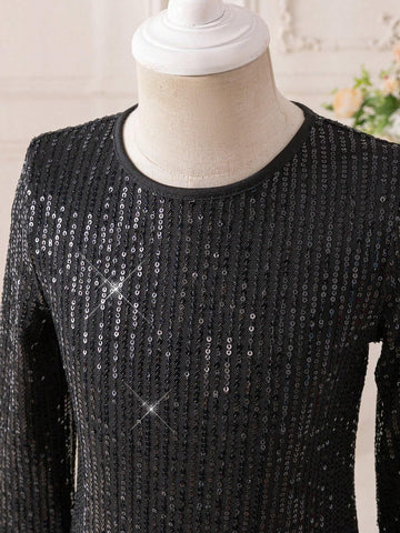 Mommy And Me Elegant Black Dress With Sequins, Elegant Long Sleeve Dress
