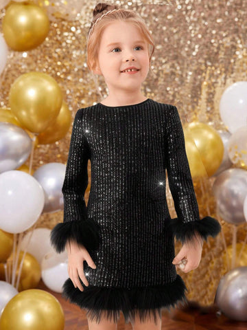 Mommy And Me Elegant Black Dress With Sequins, Elegant Long Sleeve Dress
