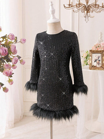 Mommy And Me Elegant Black Dress With Sequins, Elegant Long Sleeve Dress