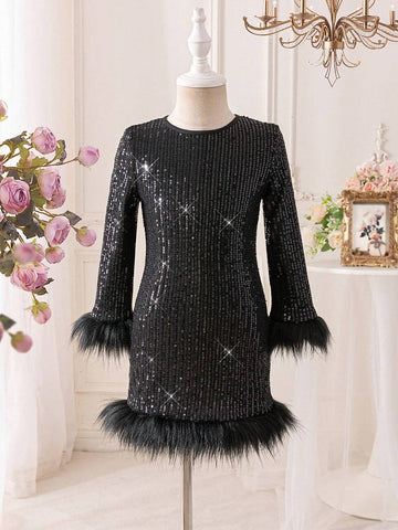 Mommy And Me Elegant Black Dress With Sequins, Elegant Long Sleeve Dress