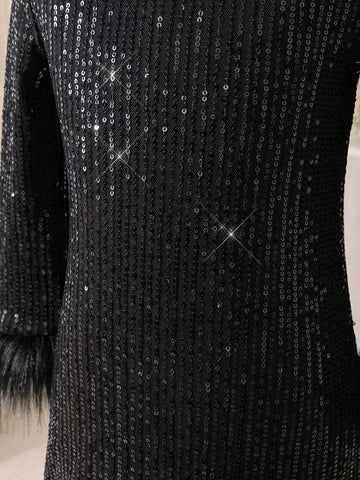 Mommy And Me Elegant Black Dress With Sequins, Elegant Long Sleeve Dress