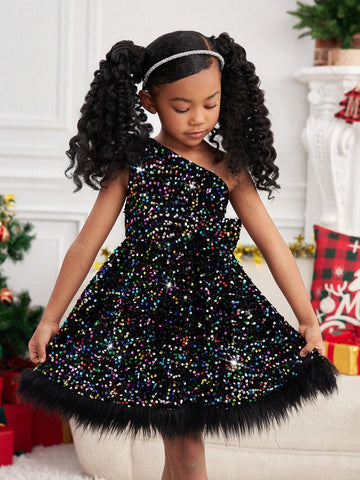 Mommy And Me Elegant Colorful Sequin Embroidered Faux Fur Panel Asymmetrical Neck Splice Dress, Suitable For Christmas Party