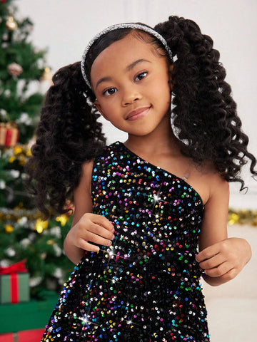 Mommy And Me Elegant Colorful Sequin Embroidered Faux Fur Panel Asymmetrical Neck Splice Dress, Suitable For Christmas Party