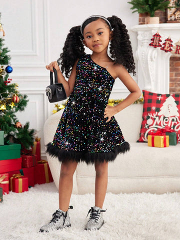 Mommy And Me Elegant Colorful Sequin Embroidered Faux Fur Panel Asymmetrical Neck Splice Dress, Suitable For Christmas Party