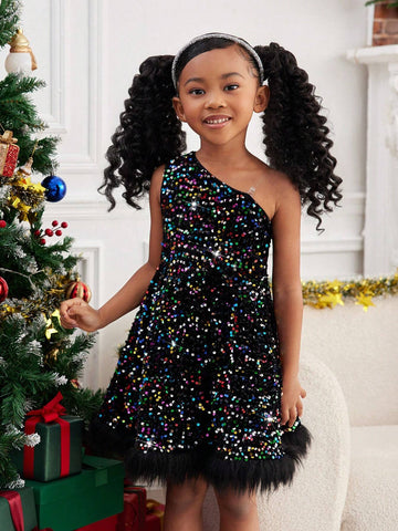 Mommy And Me Elegant Colorful Sequin Embroidered Faux Fur Panel Asymmetrical Neck Splice Dress, Suitable For Christmas Party