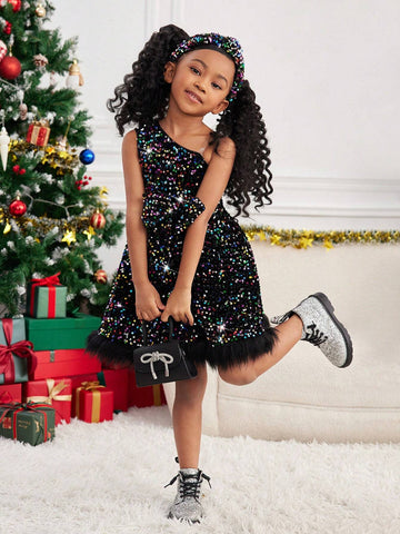 Mommy And Me Elegant Colorful Sequin Embroidered Faux Fur Panel Asymmetrical Neck Splice Dress, Suitable For Christmas Party