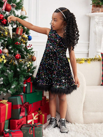 Mommy And Me Elegant Colorful Sequin Embroidered Faux Fur Panel Asymmetrical Neck Splice Dress, Suitable For Christmas Party