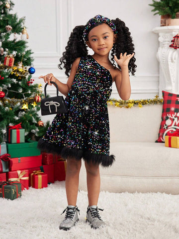 Mommy And Me Elegant Colorful Sequin Embroidered Faux Fur Panel Asymmetrical Neck Splice Dress, Suitable For Christmas Party