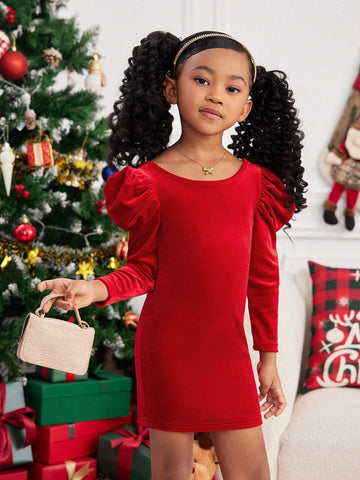 Mommy And Me Elegant Foil Bowknot Backless Gigot Sleeve Fitted Red Velvet Dress, Suitable For Christmas Holiday Party Occasions, Autumn/Winter