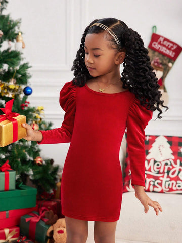 Mommy And Me Elegant Foil Bowknot Backless Gigot Sleeve Fitted Red Velvet Dress, Suitable For Christmas Holiday Party Occasions, Autumn/Winter
