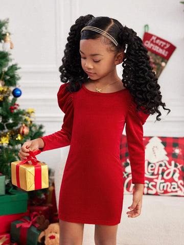 Mommy And Me Elegant Foil Bowknot Backless Gigot Sleeve Fitted Red Velvet Dress, Suitable For Christmas Holiday Party Occasions, Autumn/Winter